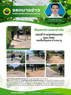  ออกสำรวจจุดซ่อมแซม ถนนคสล.ที่ชำรุด ในเขตพื้นที่ชุมชน ตำบลนาภู